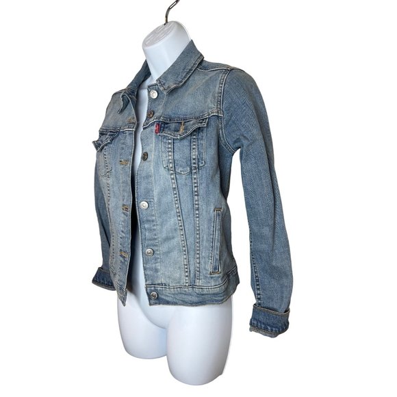 Levi Blue Jean Denim Jacket Womens Extra Small Medium Wash Trucker Boho - Picture 4 of 7